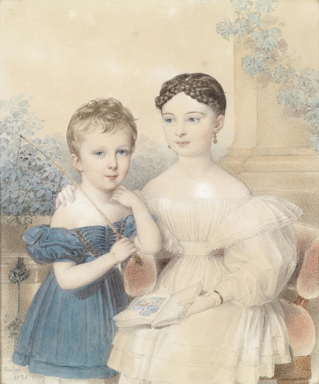 Bildnis eines Knaben in blauem Kleid und eines Mädchens, ein Bilderbuch haltend von Johann Ender