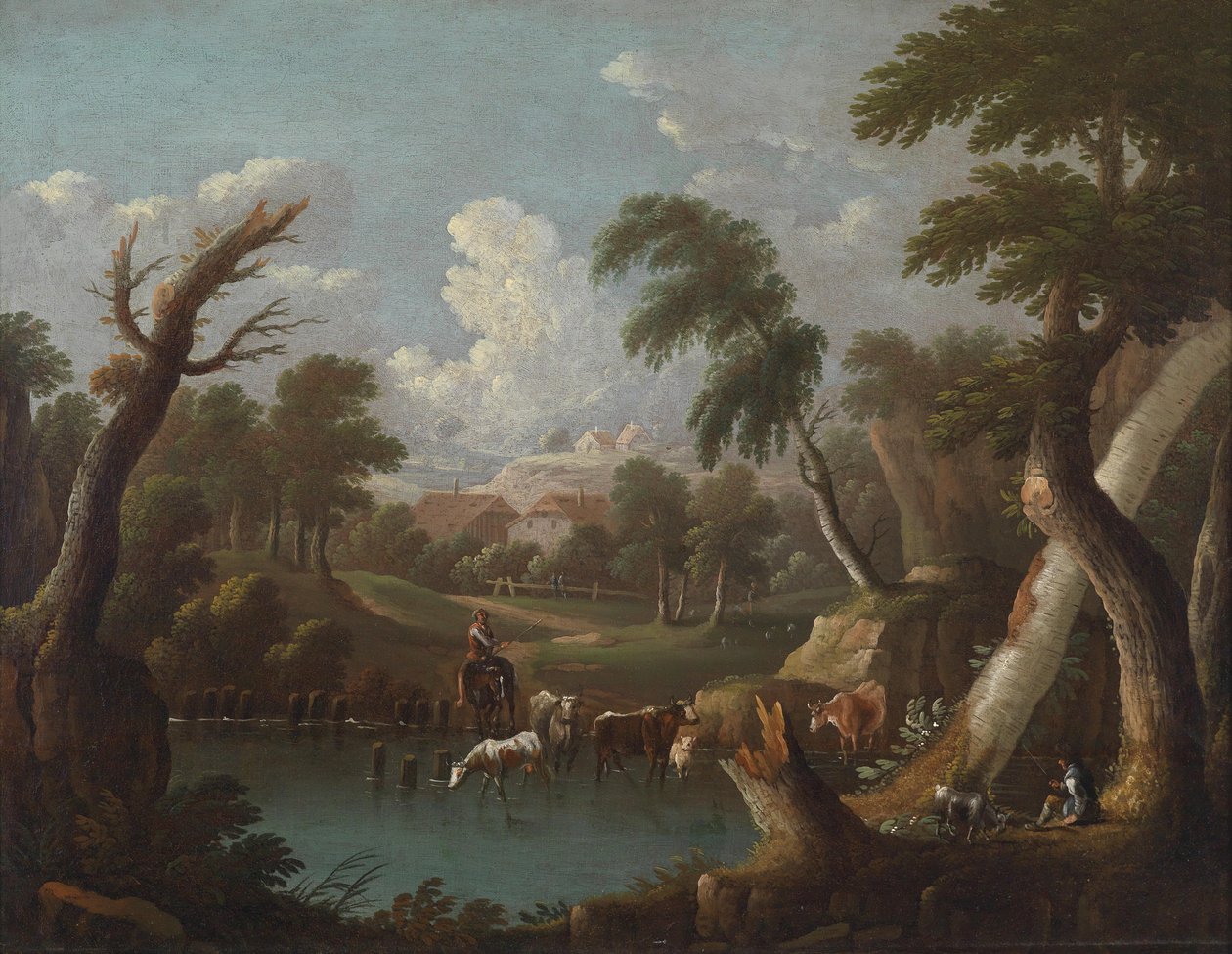 Bergige Landschaft mit trinkendem Vieh an einem Tümpel von Johann Georg von Bemmel