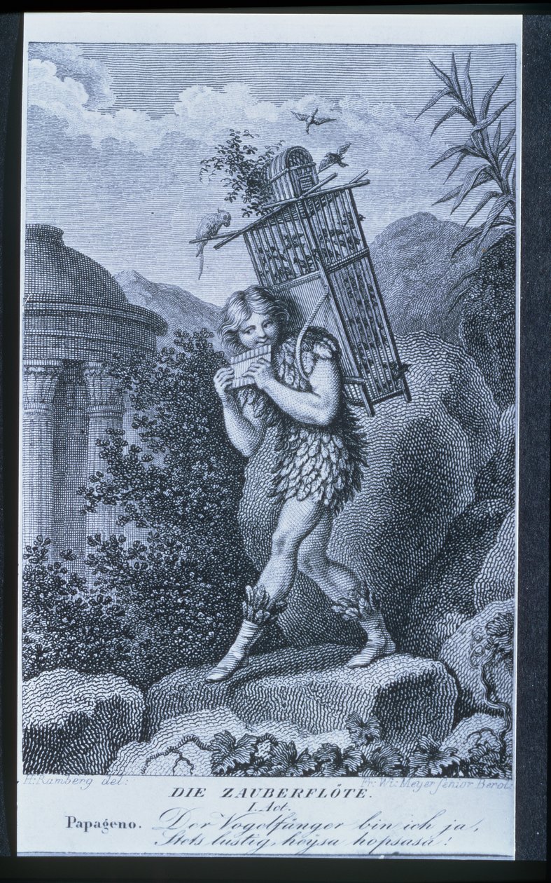 Papageno: Ich bin der Vogelfänger, ja! Immer fröhlich, fideli-di, fideli-da!, Akt I der 