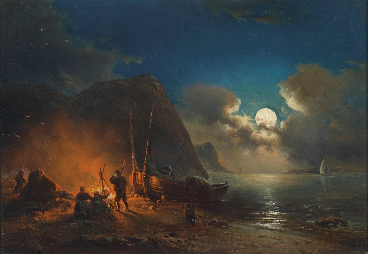 Romantisches Lagerfeuer im Mondschein von Johann Anton Castell