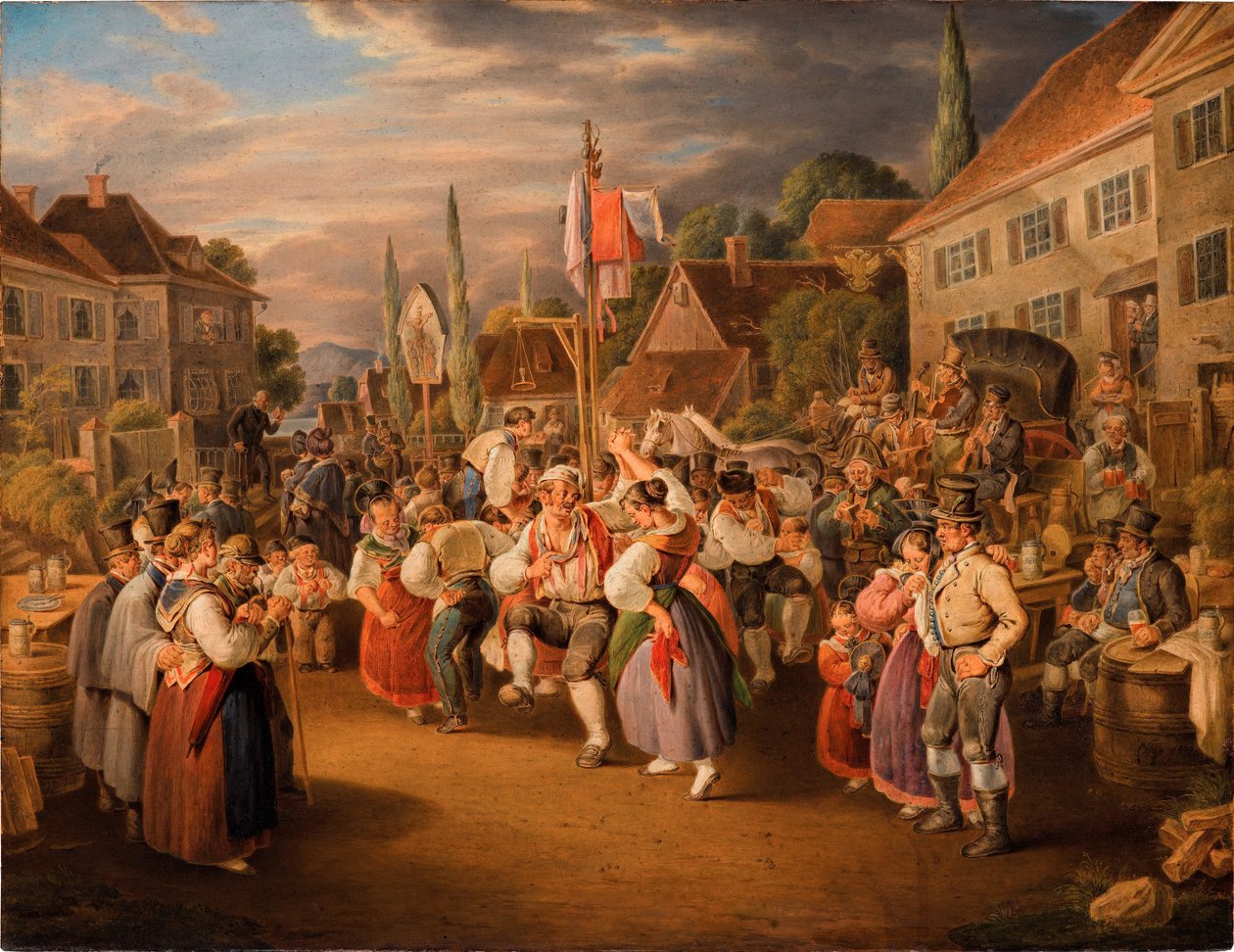 Erntedankfest mit Hahnentanz, 1839 von Johann Baptist Pflug