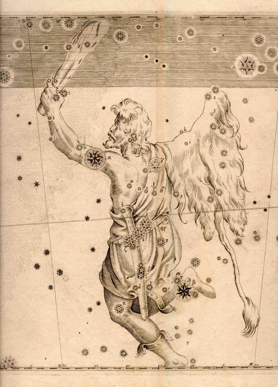 Uranometria (1661) zeigt das Sternbild Orion von Johann Bayer