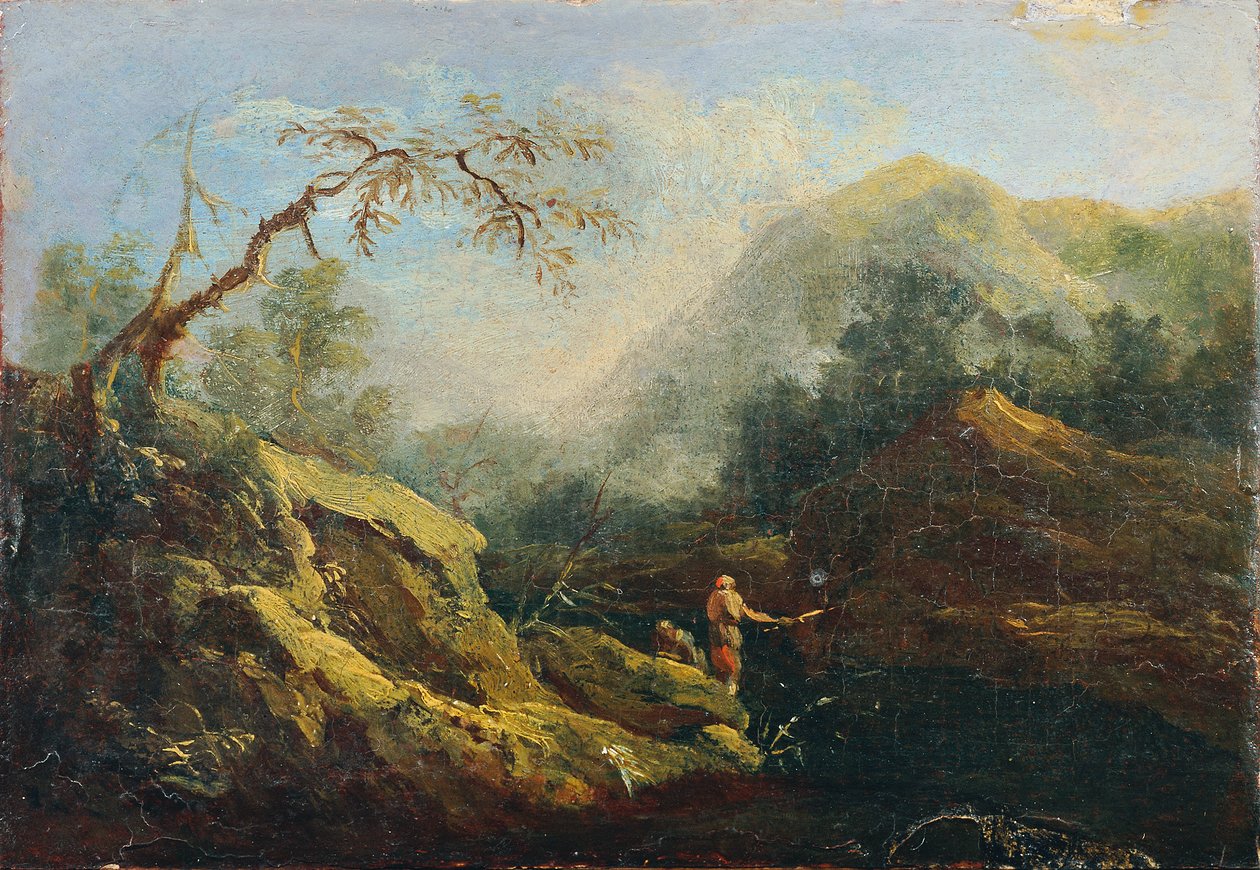 Bergige Landschaft mit Angler von Johann Christian Brand