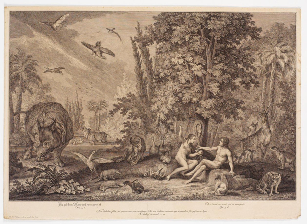 Eva reicht Adam den Apfel von Johann Elias Ridinger