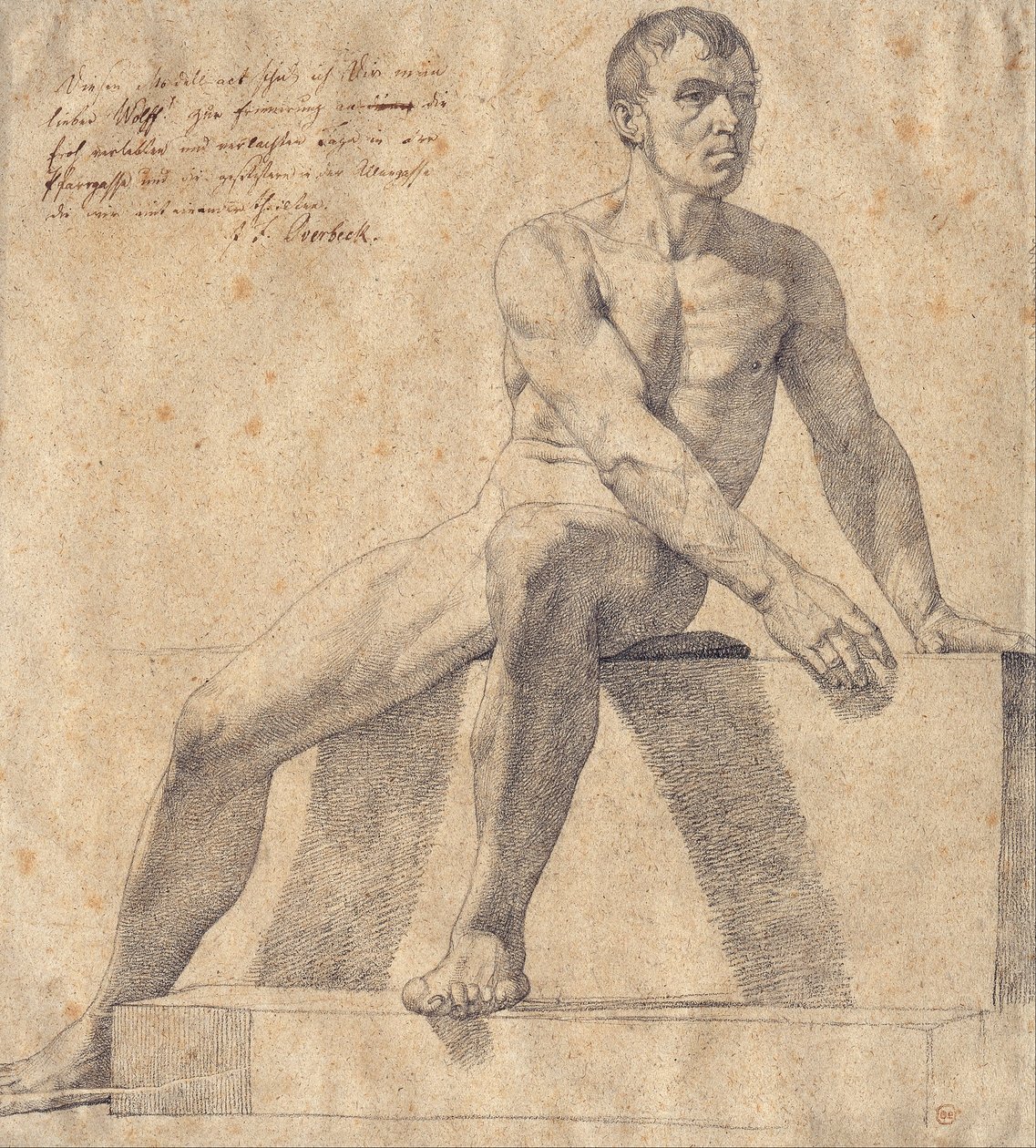 Männlicher Akt auf einem Sockel sitzend von Johann Friedrich Overbeck