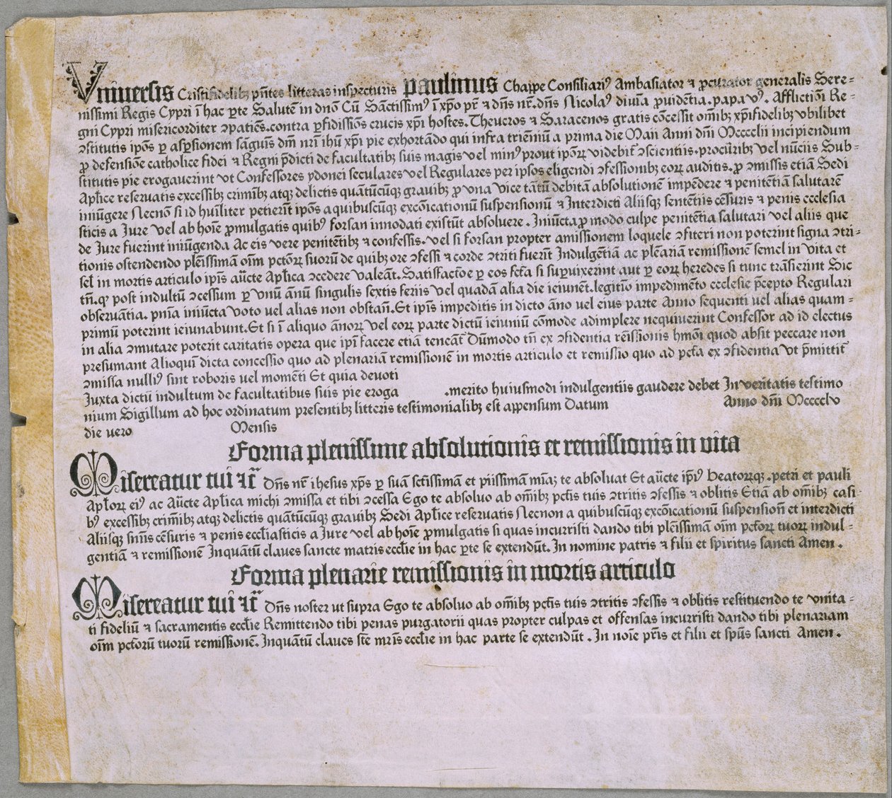Ablassbrief (für die Expedition gegen die Türken und die Verteidigung von Zypern), (Mainz, Johannes Gutenberg, 1455) von Johannes Gutenberg