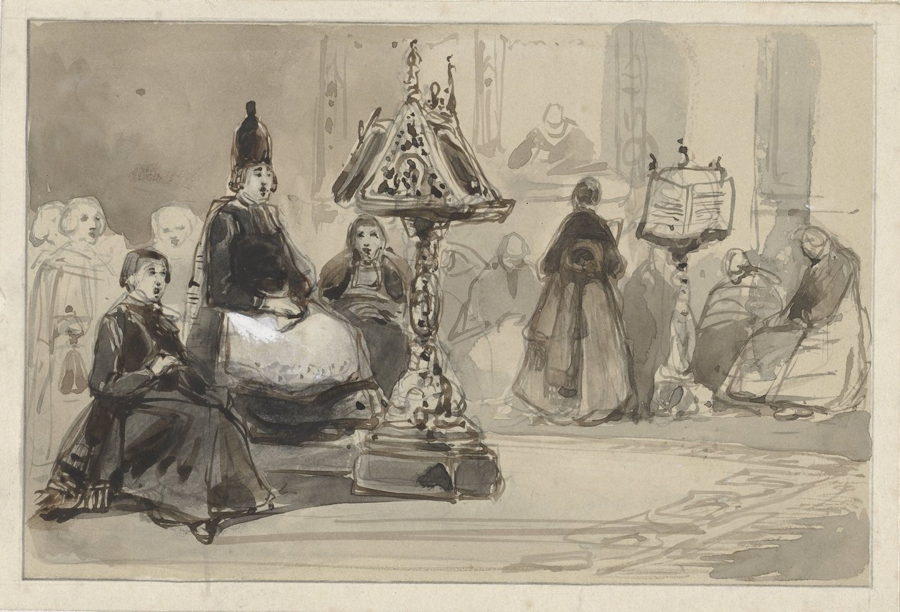 Kircheninterieur mit singendem Bischof und Nonnen von Johannes Bosboom
