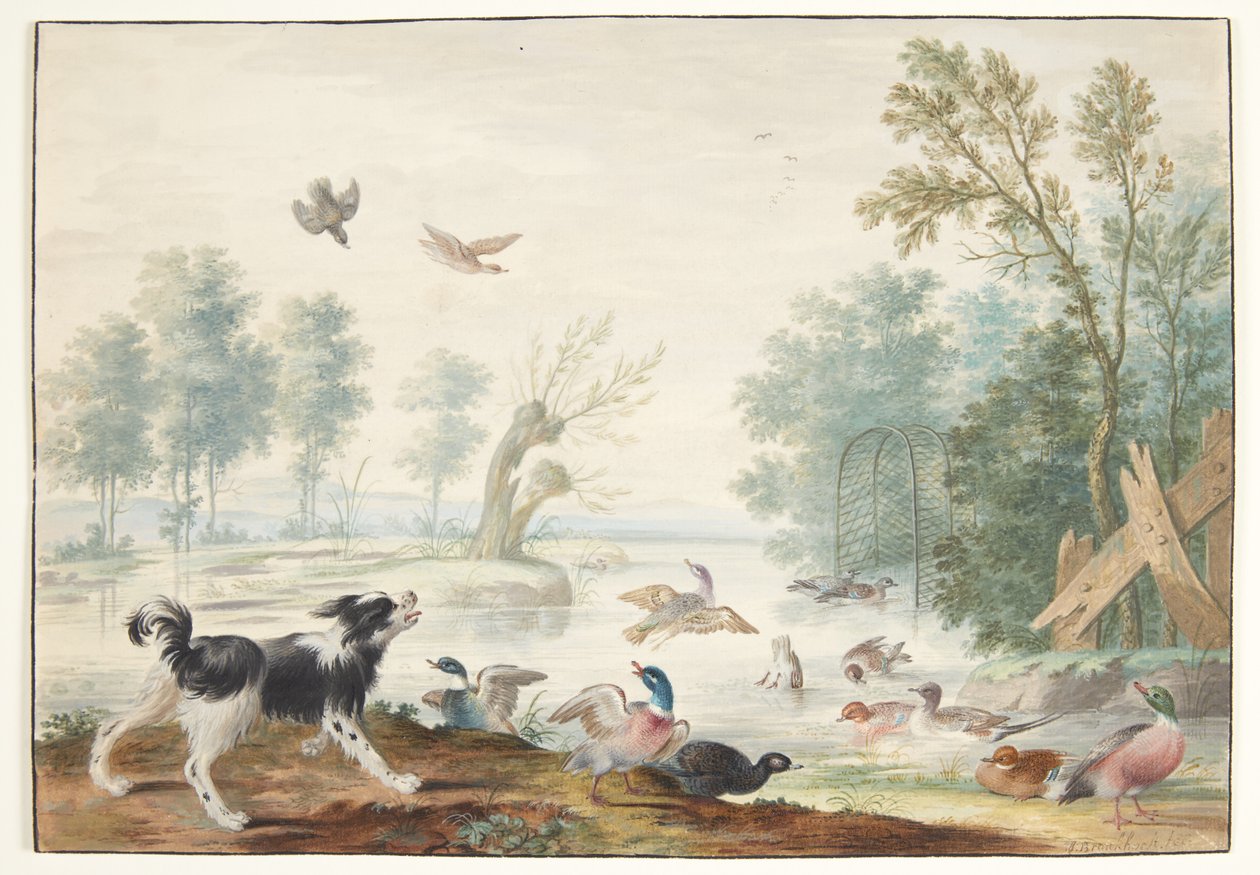 Ein Hund und Enten am See von Johannes Bronckhorst