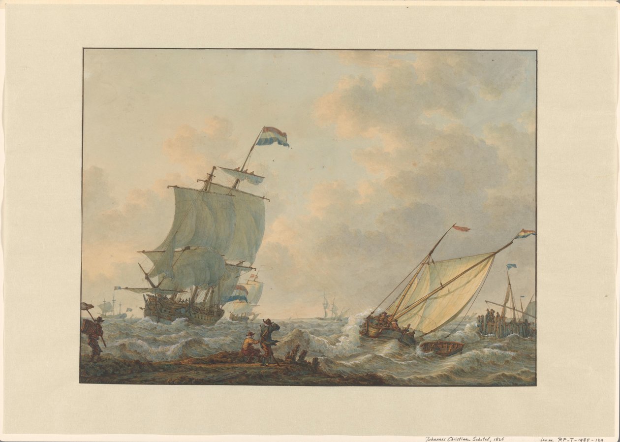 Segelschiffe auf unruhigem Wasser von Johannes Christiaan Schotel