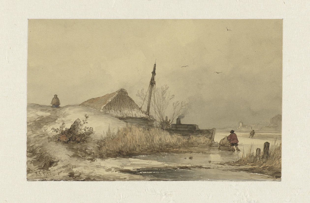 Winterlandschaft mit Bauernhof an einem Graben von Johannes Franciscus Hoppenbrouwers