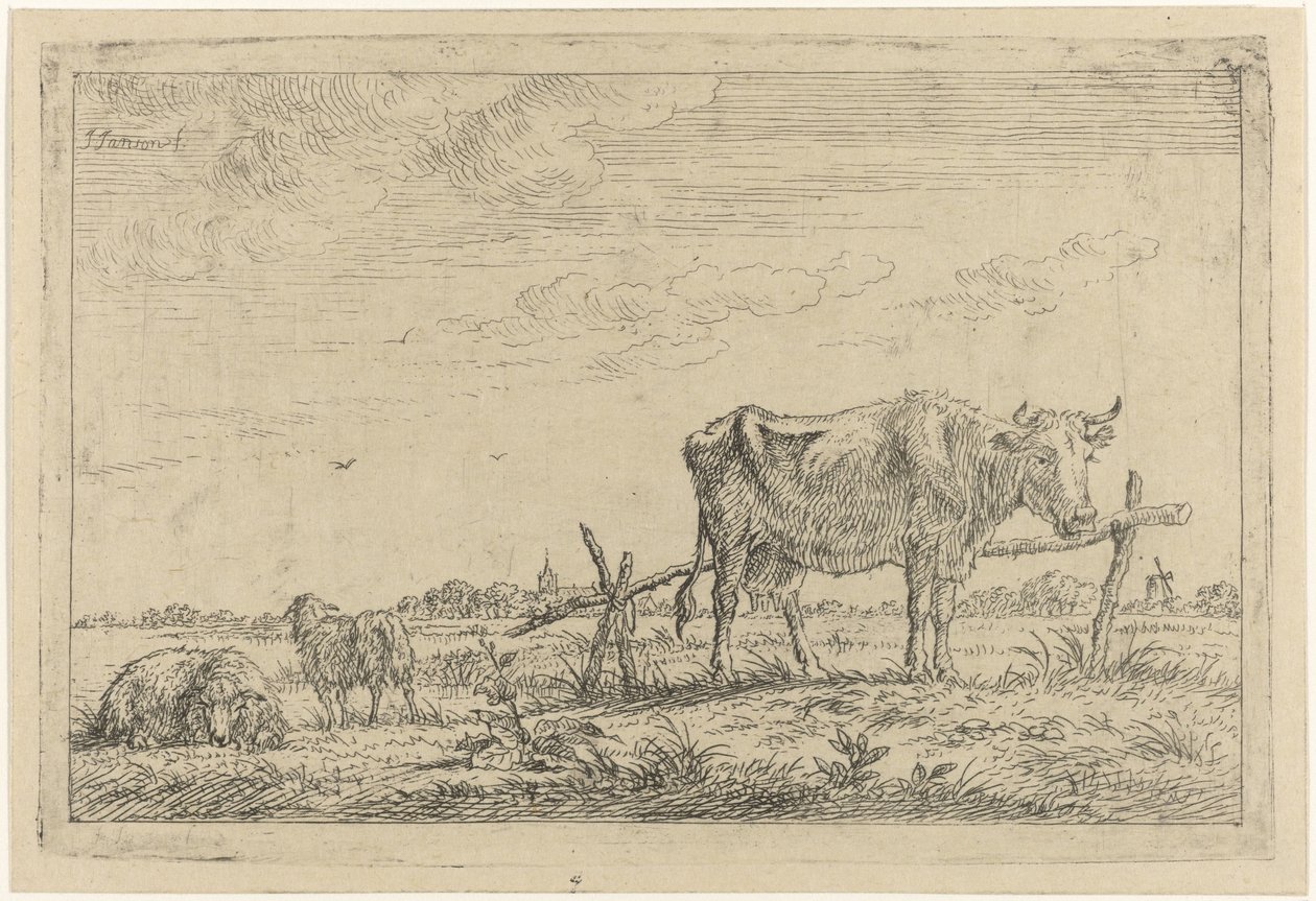 Weide mit Kuh und Schafen von Johannes Janson