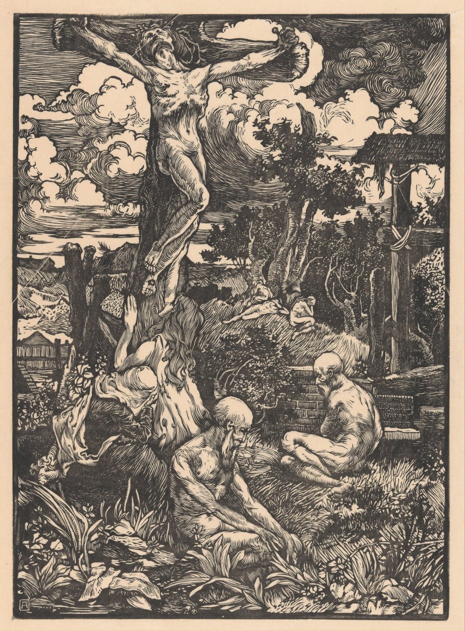 Gekreuzigter Mann in Hügellandschaft von Johannes Josephus Aarts
