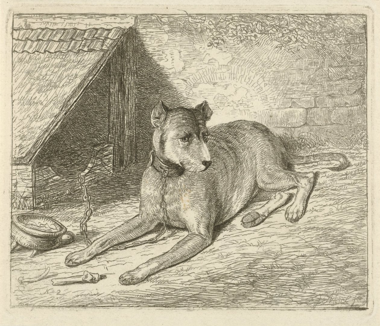 Hund an einer Kette bei einer Hundehütte von Johannes Mock