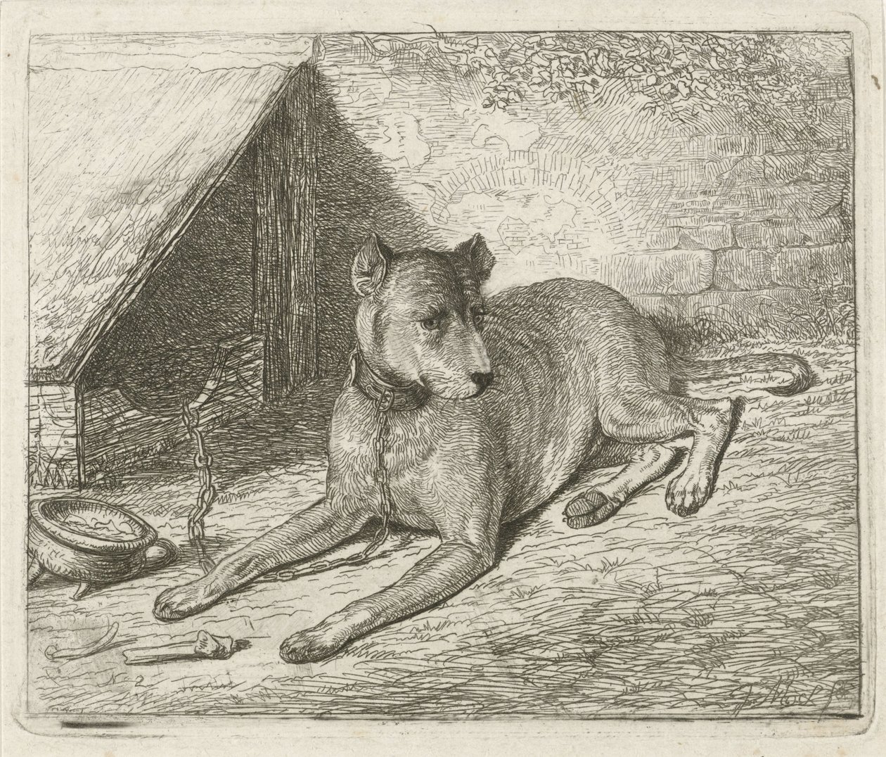 Hund an einer Kette bei einer Hundehütte von Johannes Mock