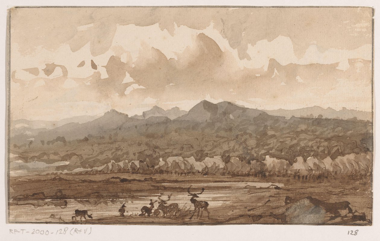Berglandschaft mit Hirschen von Johannes Tavenraat (signed by artist)