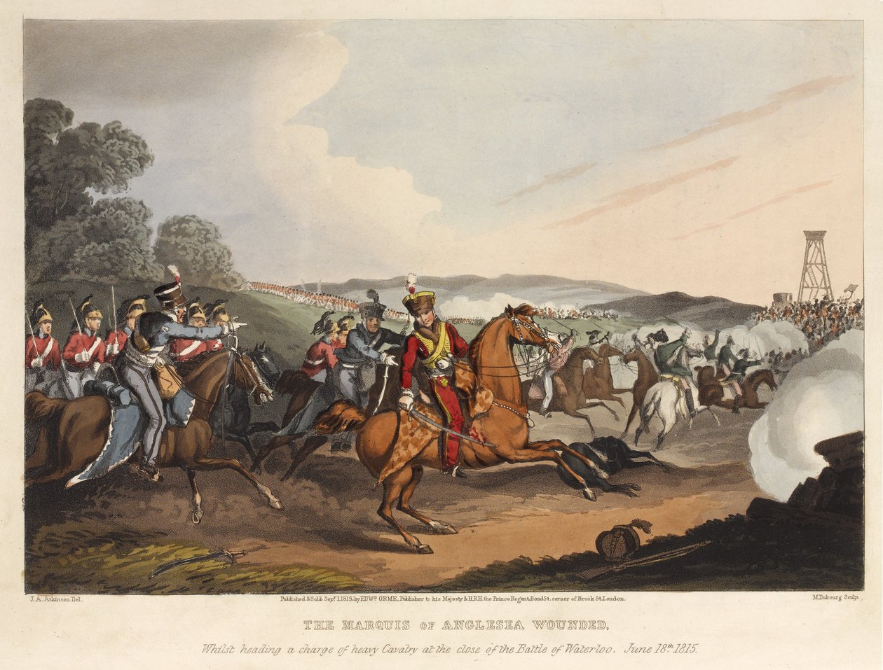 Der Marquis von Anglesea verwundet, während er eine schwere Kavallerieattacke anführt, am Ende der Schlacht von Waterloo, 18. Juni 1815, graviert von M. Dubourg, 1819 von John Augustus Atkinson