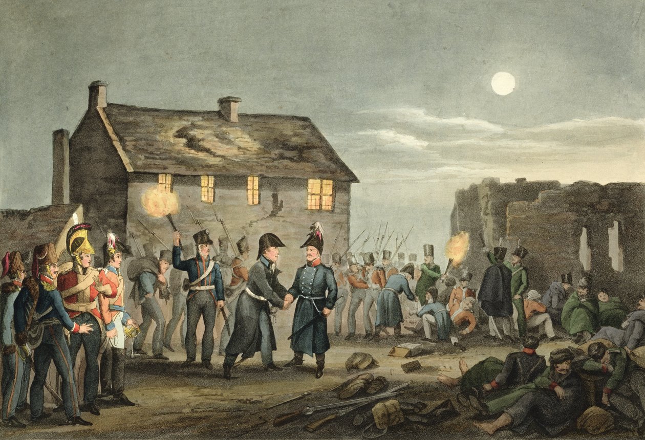 Wellington und Blücher treffen sich zufällig am Ende der Schlacht von Waterloo, graviert von Matthew Dubourg (fl.1813-20) aus 