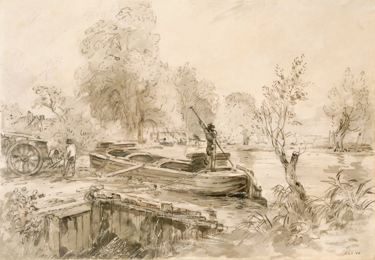 Männer beladen einen Lastkahn auf der Stour, 1827 (Bleistift, Feder und graue Waschung auf Papier) von John Constable