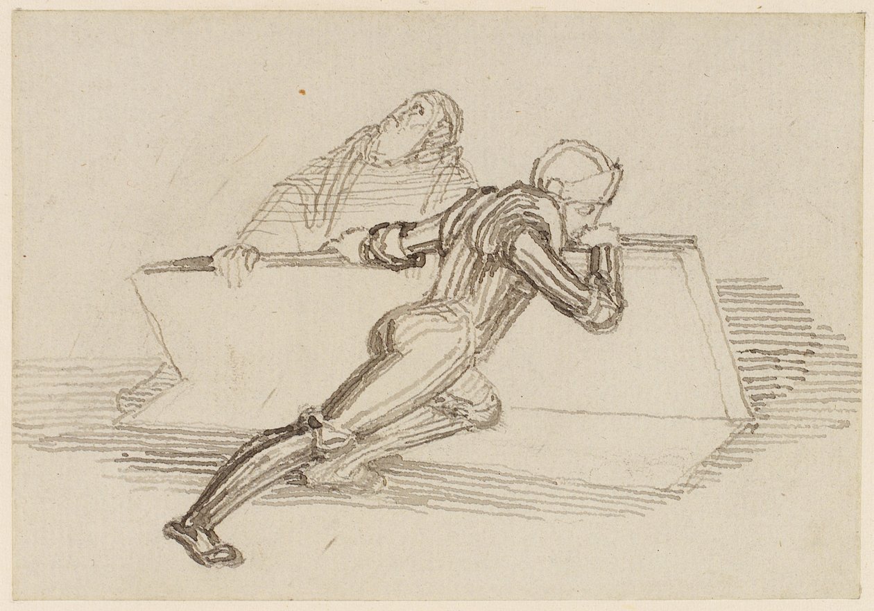 Ein Ritter hebt eine Platte an von John Flaxman