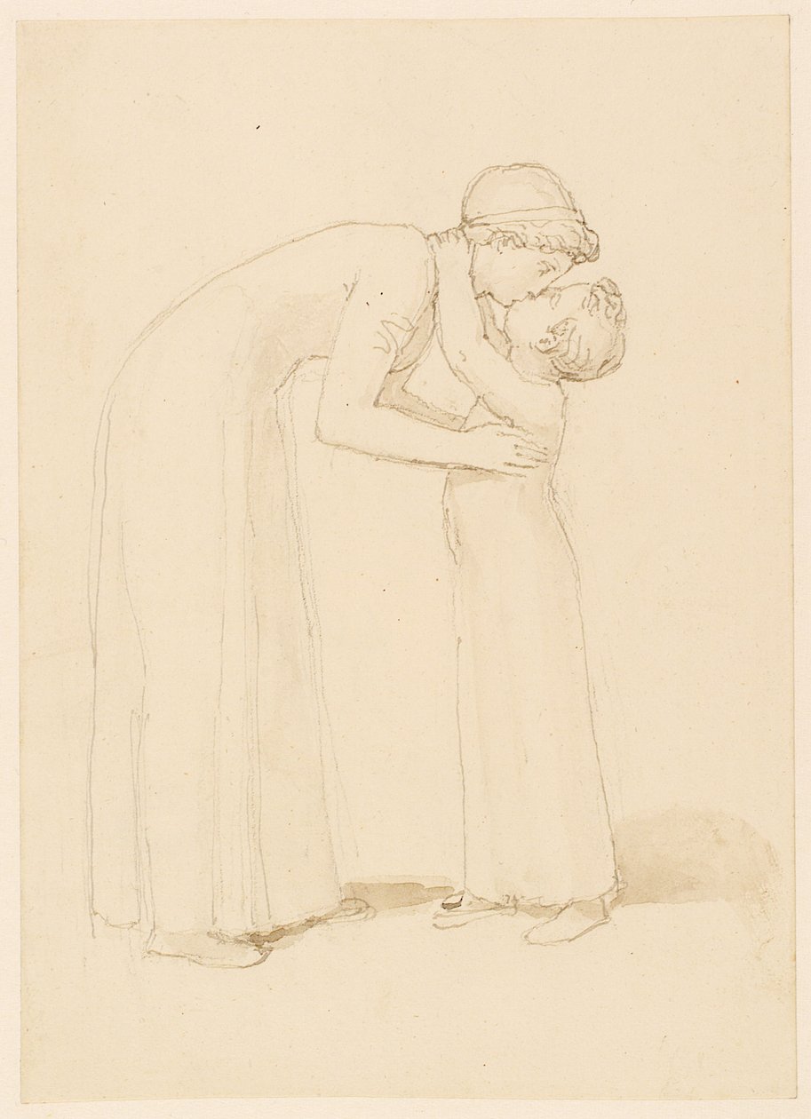 Eine Frau beugt sich hinunter, um ein Kind zu küssen von John Flaxman