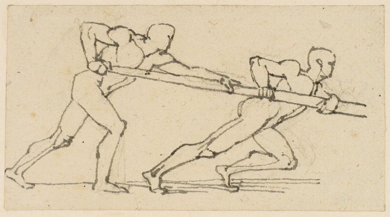 Zwei männliche Figuren schieben eine Stange nach rechts von John Flaxman