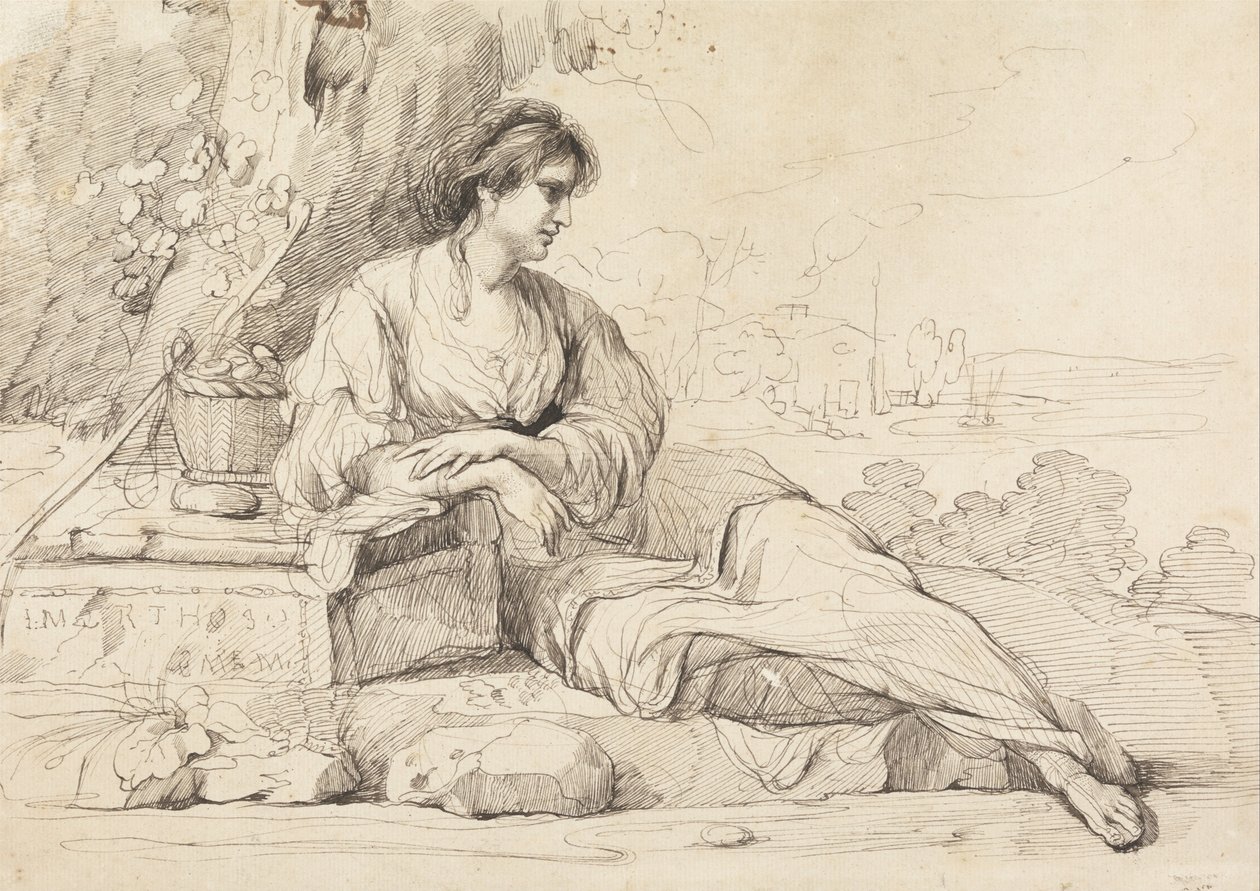 Liegende weibliche Figur in einer italienischen Landschaft von John Hamilton Mortimer