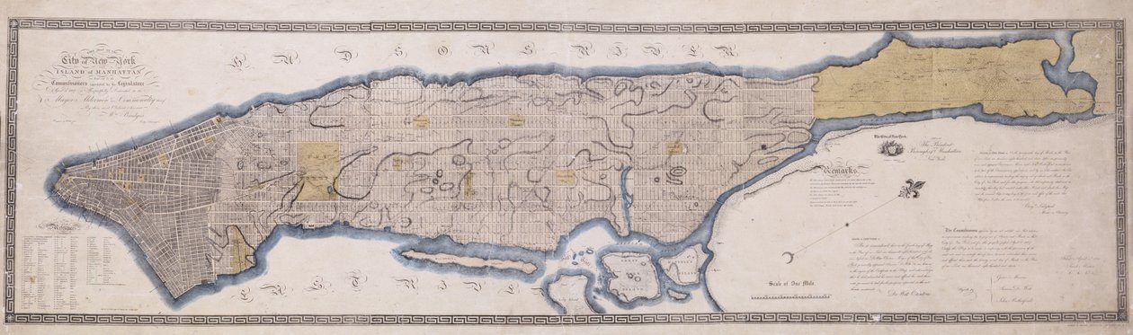 Commissioner Plan, Eine Karte der Stadt New York, von den Kommissaren ernannt durch ein Gesetz der Legislative vom 3. April 1807, graviert von P. Maverick, 1811 (Lithographie, Tinte, Farbwaschung) von John Jr. Randel