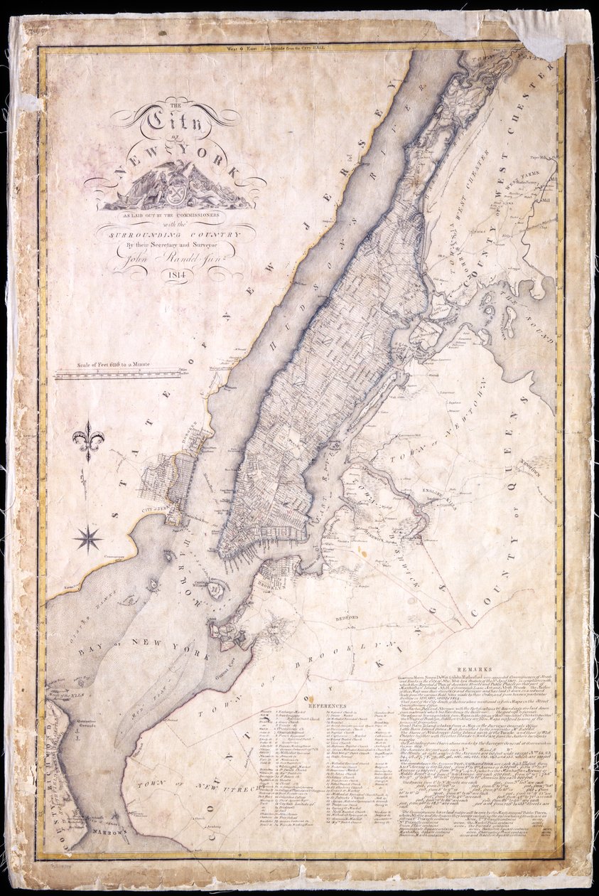 Die Stadt New York, wie sie von den Kommissaren mit dem umliegenden Land angelegt wurde, von ihrem Sekretär und Vermesser John Randel, Jr., 1814 von John Jr. Randel