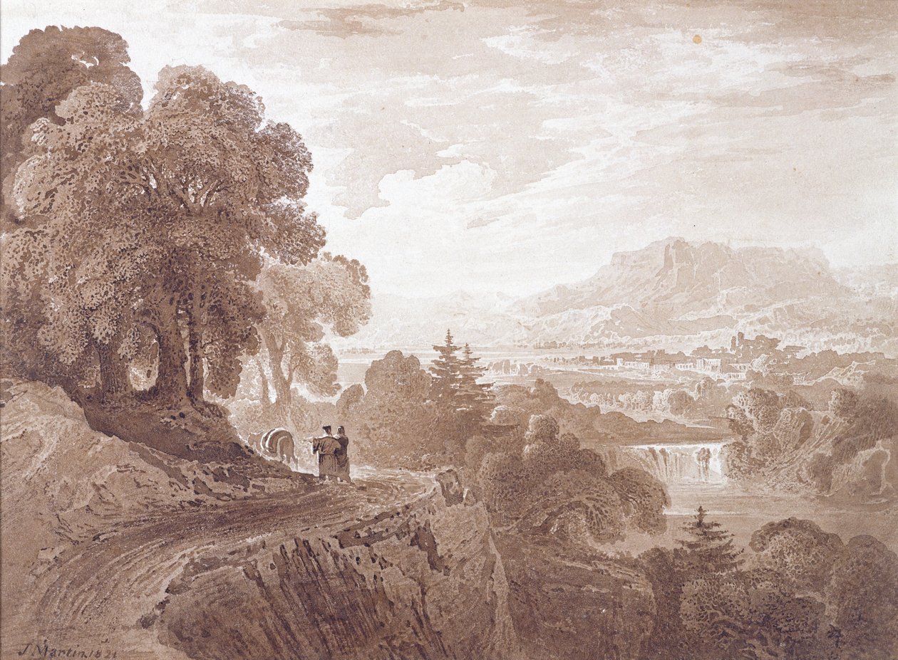 Reisende auf einer Straße über einem Fluss, 1821 von John Martin