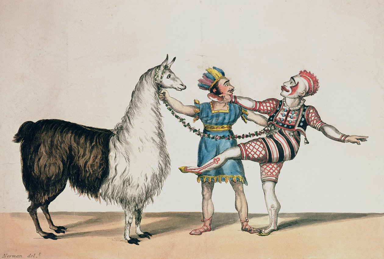 Grimaldi und das Alpaka in der beliebten Pantomime des Roten Zwergs, veröffentlicht 1813 in London von John Norman