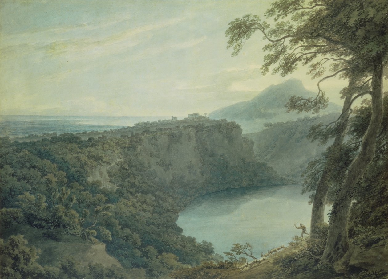 Der See von Nemi und die Stadt Genzano, 18. Jahrhundert von John Robert Cozens