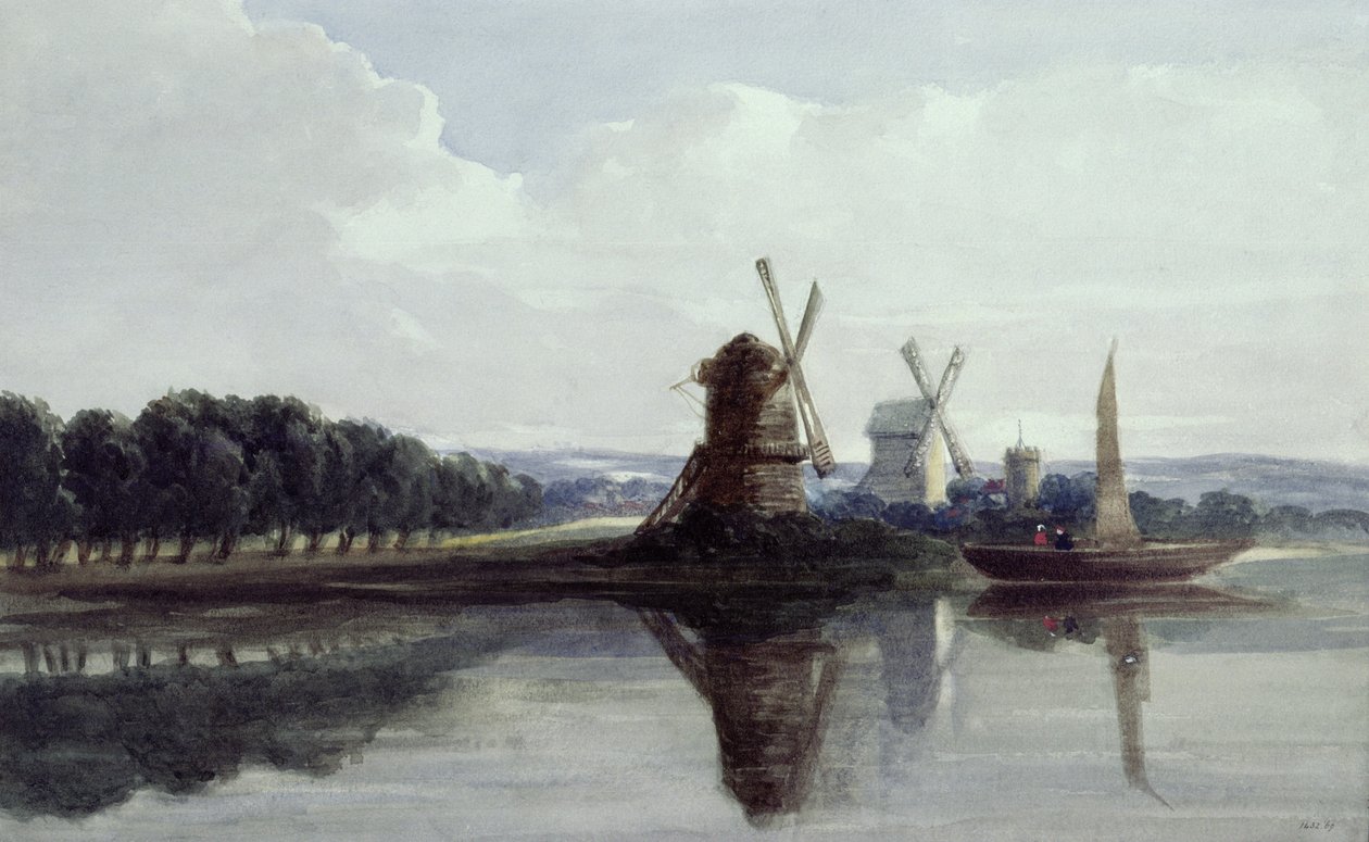 Windmühlen an einem Fluss, 19. Jahrhundert von John Smeaton Chase