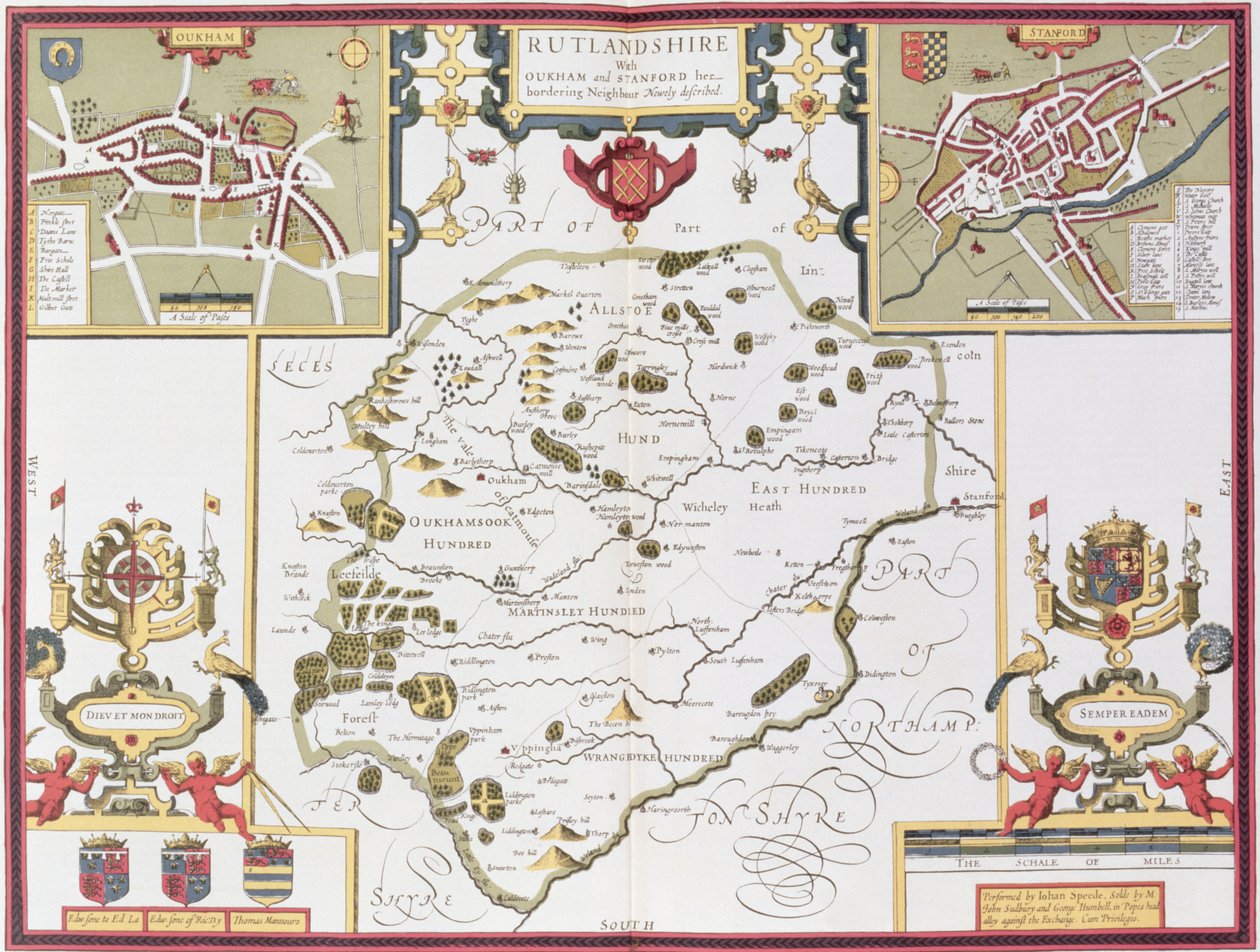 Rutlandshire mit Oukham und Stanford, graviert von Jodocus Hondius aus John Speed