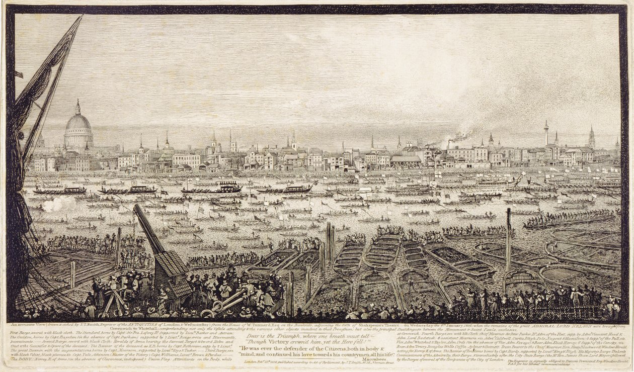 Die Überreste von Lord Nelson wurden die Themse hinauf von Greenwich nach Whitehall gebracht, 8. Januar 1806 von John Thomas Smith