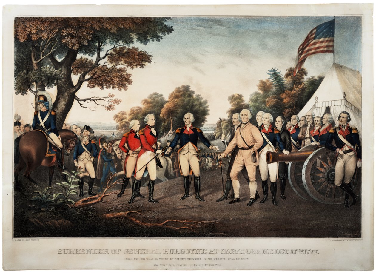 Kapitulation von General Burgoyne in Saratoga, N.Y., 17. Oktober 1777, Druck von Nathaniel Currier, 1852 von John Trumbull