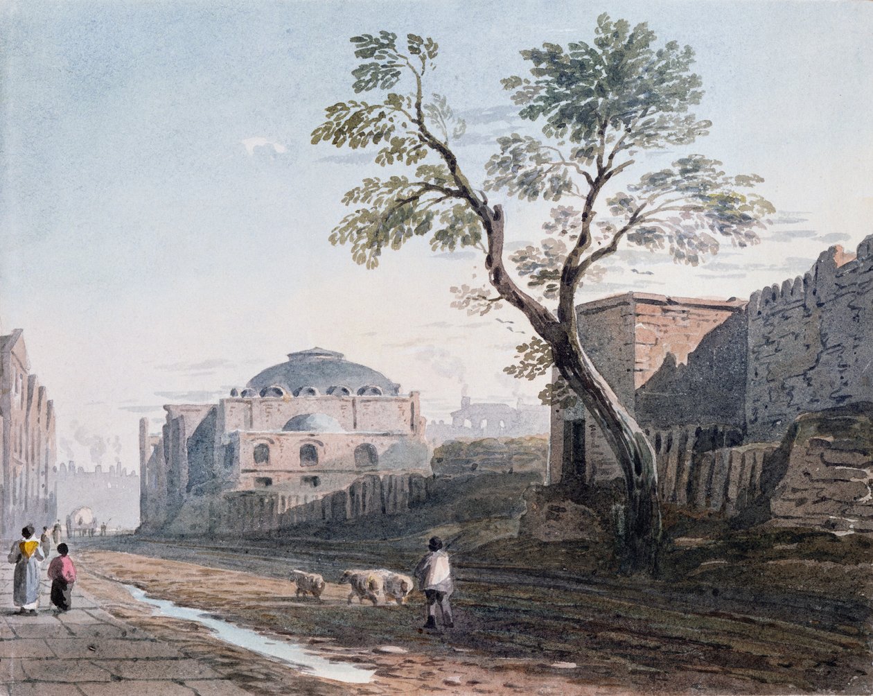 Schottische Kirche und die Überreste der Londoner Mauer, 1818 von John Varley
