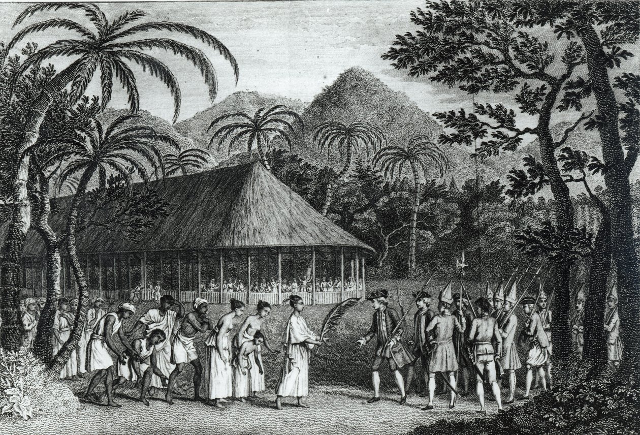 Kapitän Samuel Wallis wird von Königin Oberea auf der Insel Tahiti empfangen, aus 
