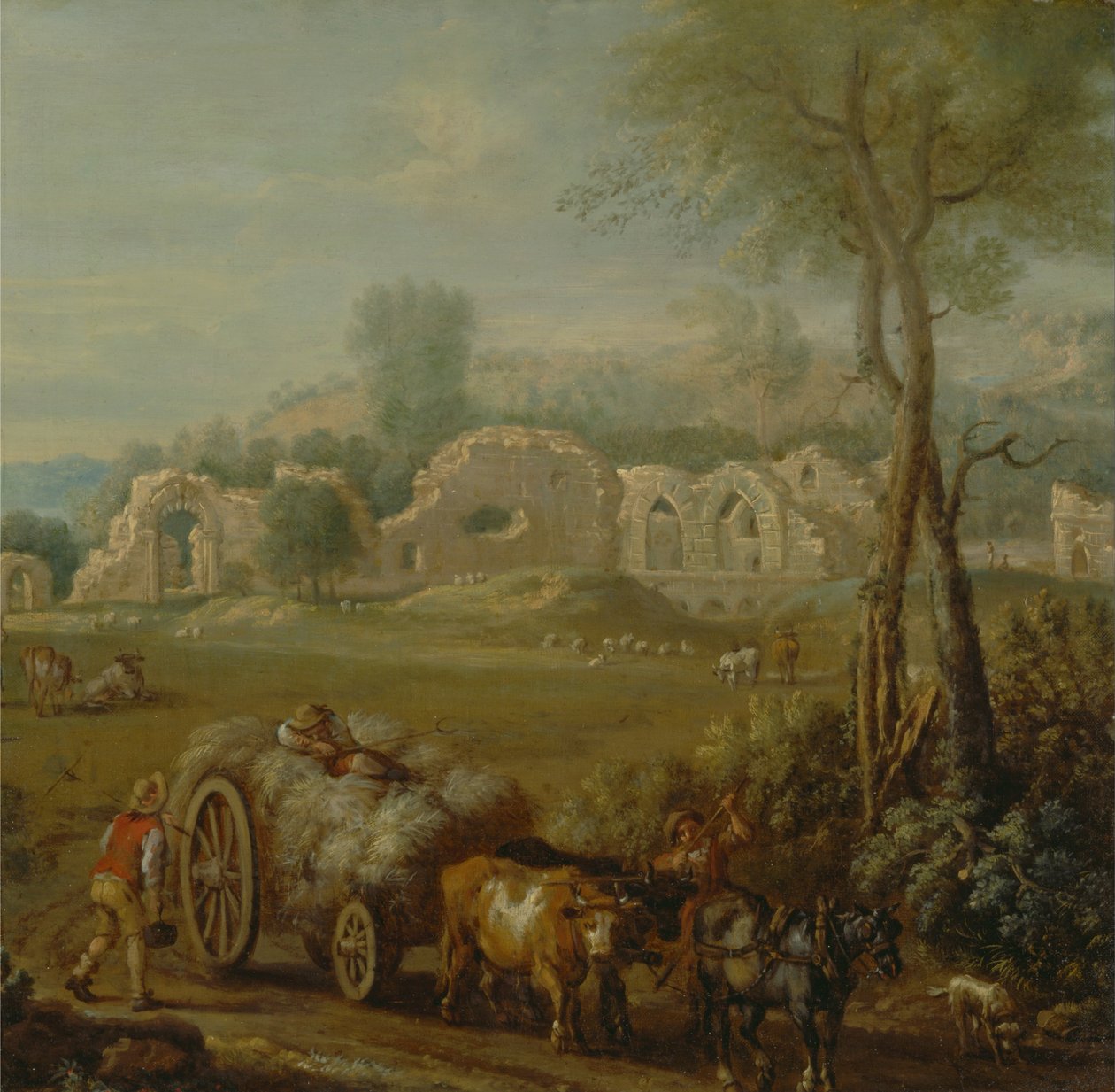 Heuwagen passiert eine zerstörte Abtei von John Wootton