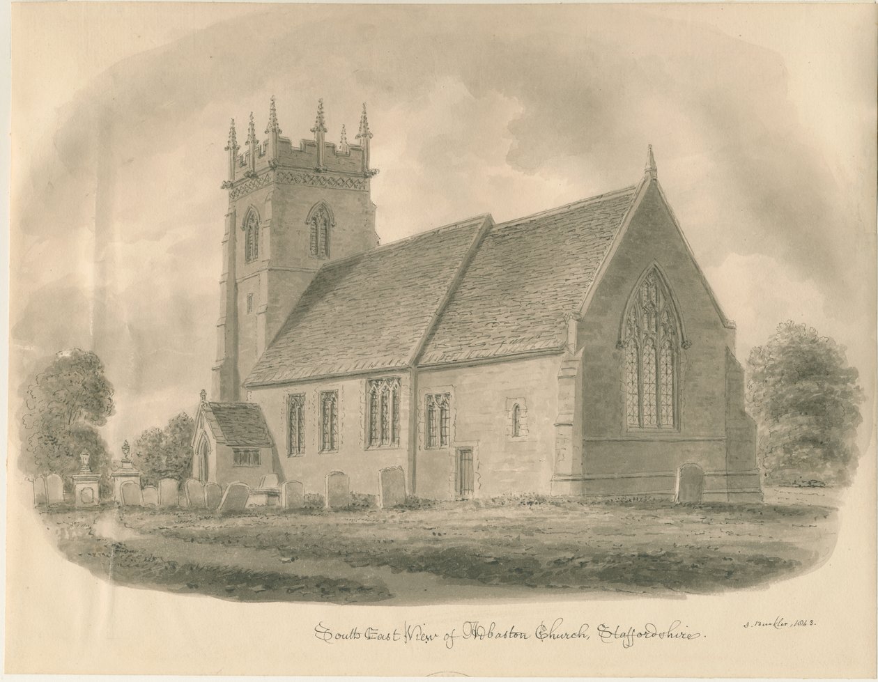 Adbaston Kirche: Sepiazeichnung, 1843 von John Buckler