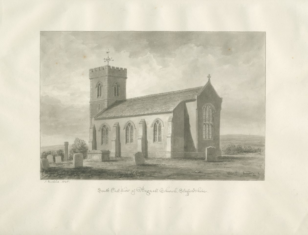 Bagnall Kirche: Sepiazeichnung, 1848 von John Buckler