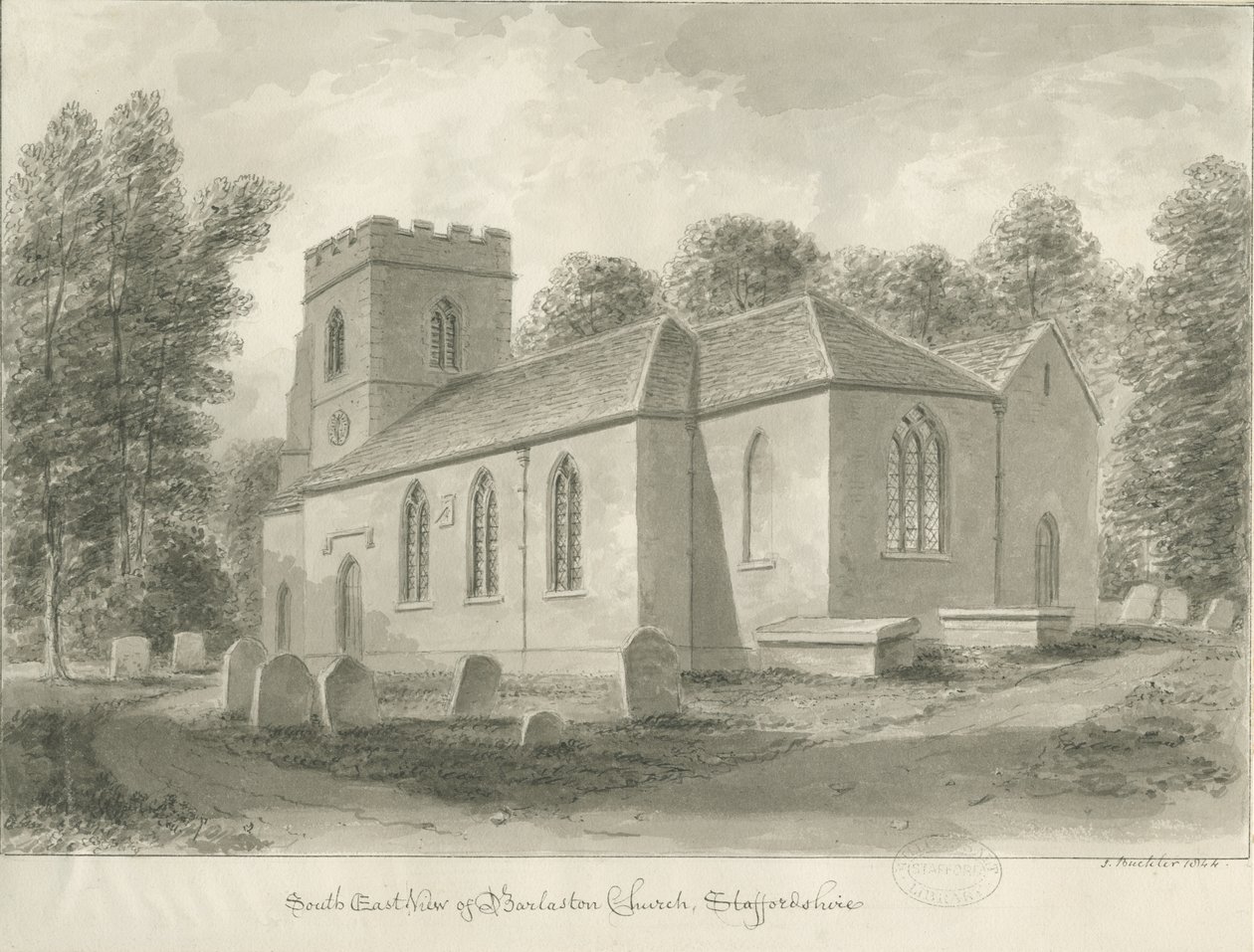 Barlaston Kirche: Sepiazeichnung, 1844 von John Buckler