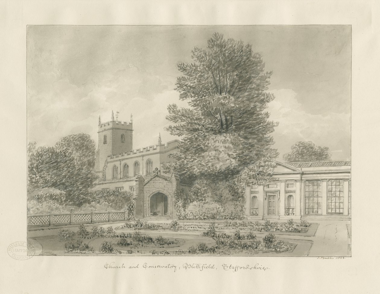 Blithfield Kirche: Sepia-Zeichnung von John Buckler