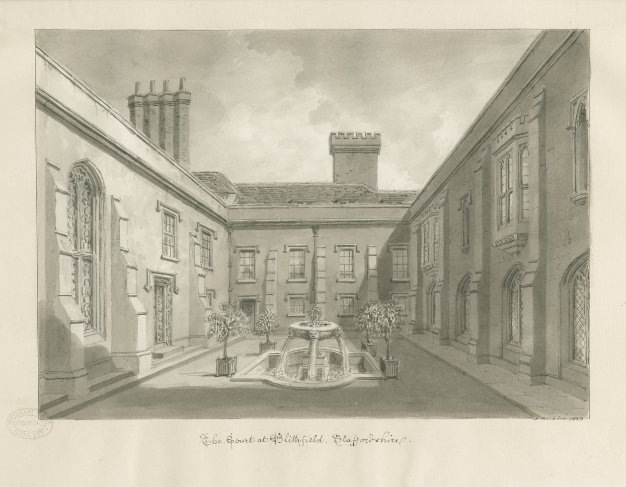 Blithfield Hall - Innenhof: Sepia-Zeichnung von John Buckler