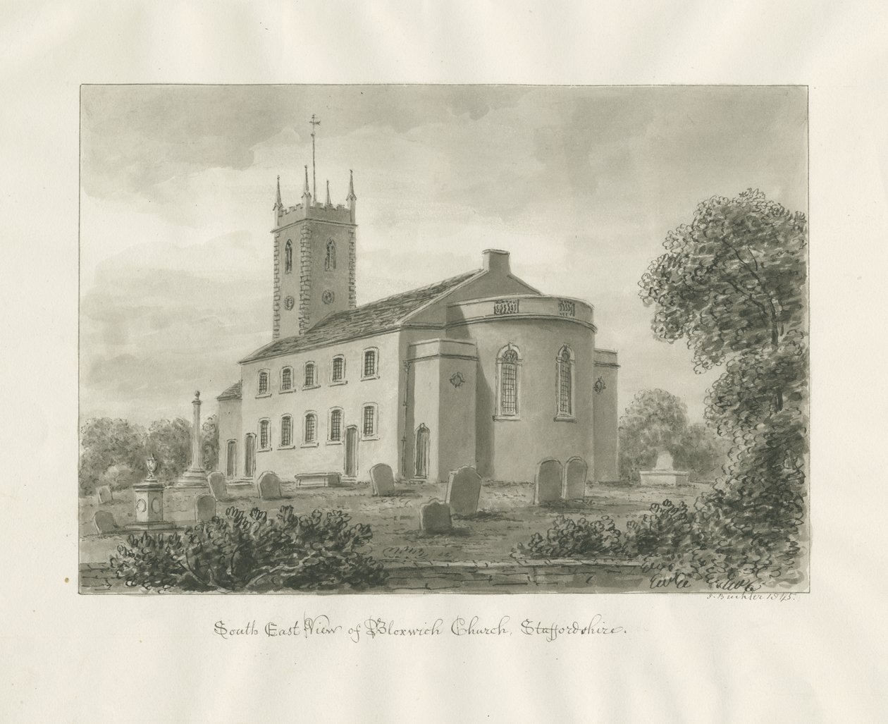 Bloxwich Kirche: Sepia-Zeichnung von John Buckler