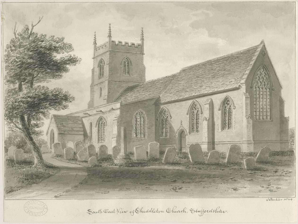 Cheddleton Kirche (Sepia-Zeichnung) von John Buckler