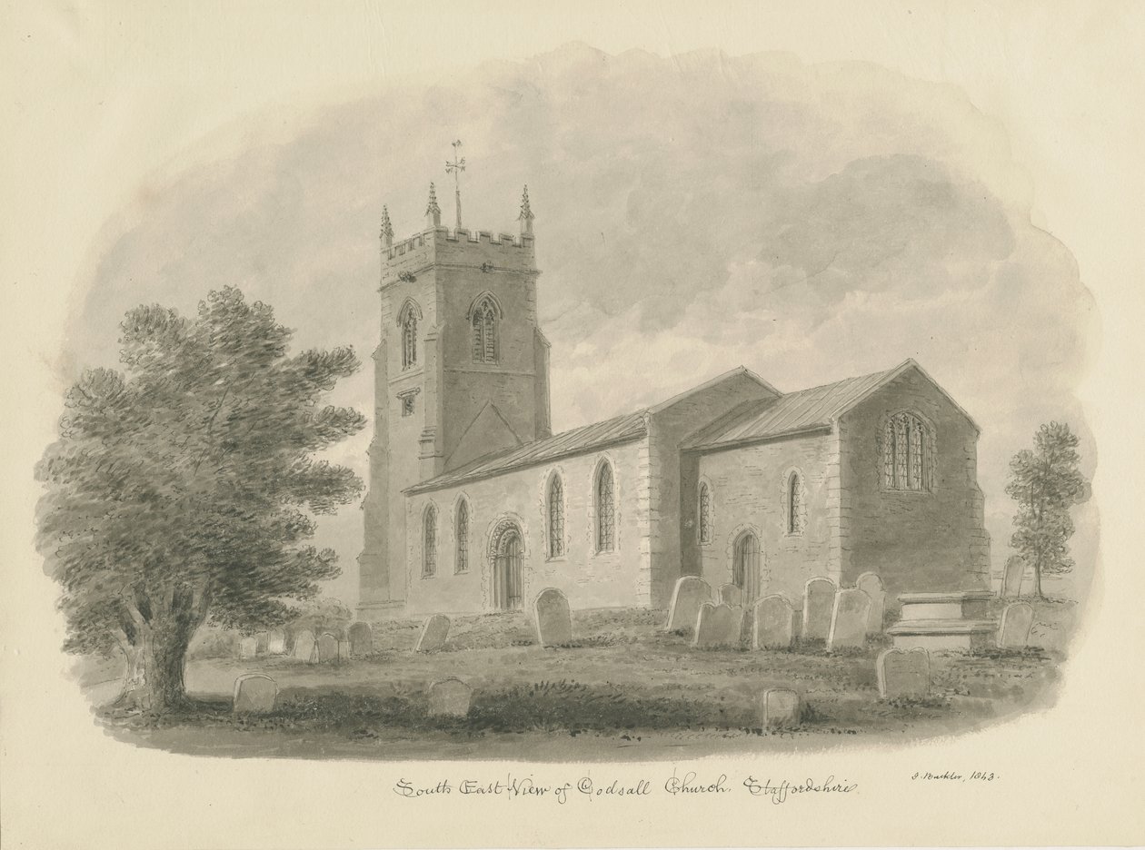 Codsall Kirche (Sepia-Zeichnung) von John Buckler