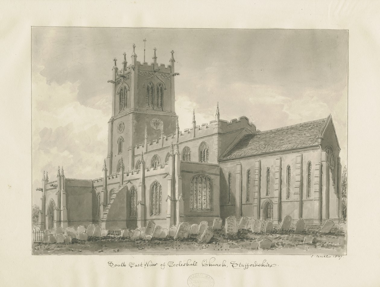 Eccleshall Kirche (Sepia-Zeichnung) von John Buckler