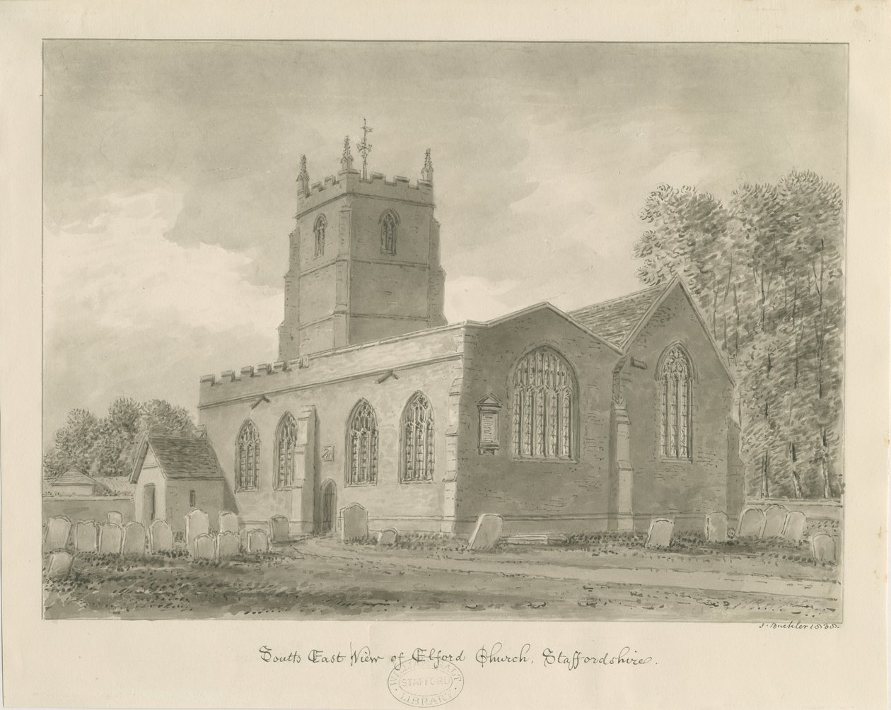 Elford Kirche: Sepiazeichnung, 1838 von John Buckler