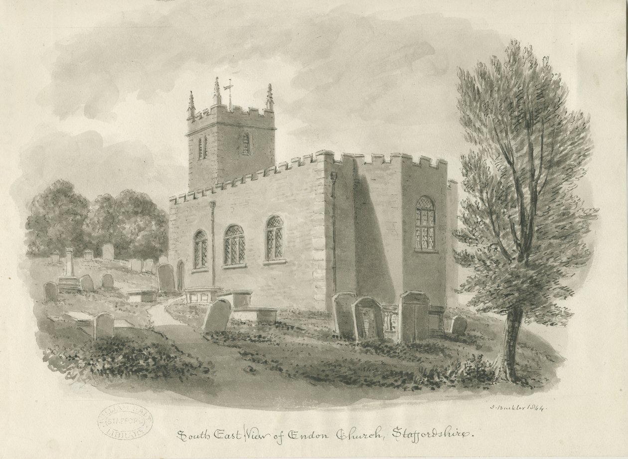 Endon Kirche (Sepia-Zeichnung) von John Buckler