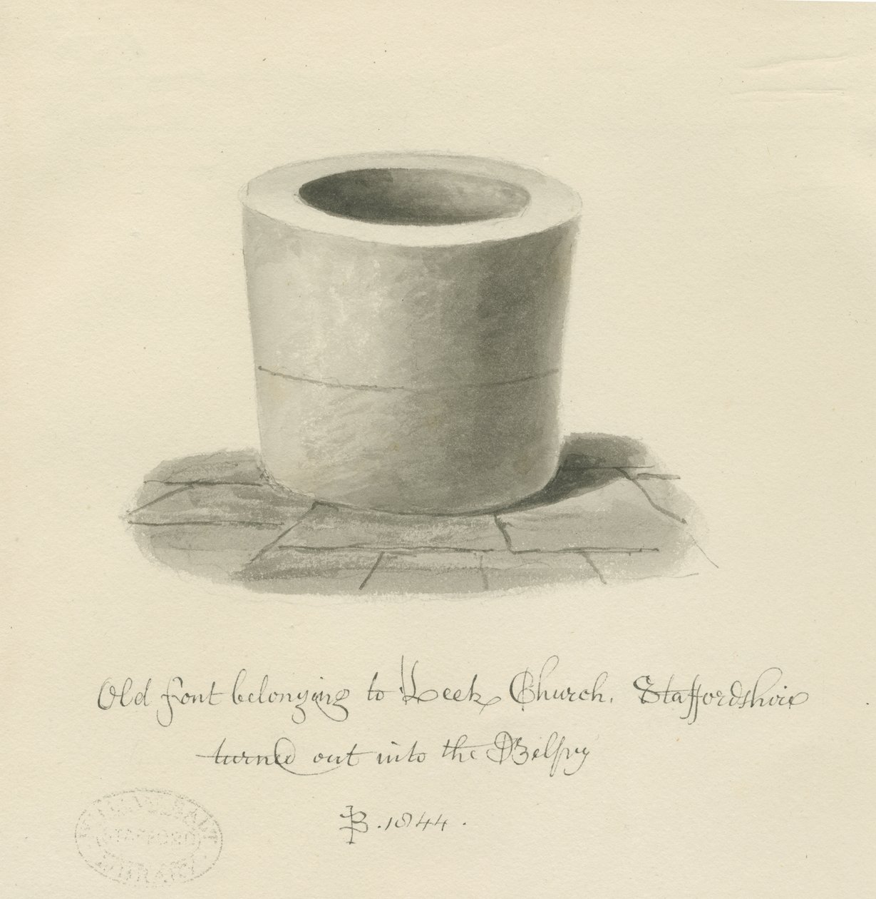 Taufbecken in der Leek Church: Sepia-Zeichnung von John Buckler